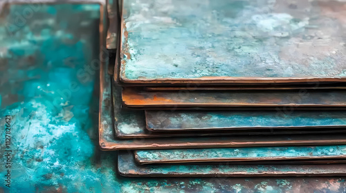 Weathered copper plates with verdigris patina, abstract texture. Verdigris. Illustration photo