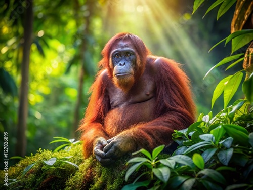 Mother Orangutan Resting on Liana in Gunung Leuser National Park, Sumatra - A Glimpse into the Life of Endangered Wildlife in Their Natural Habitat photo