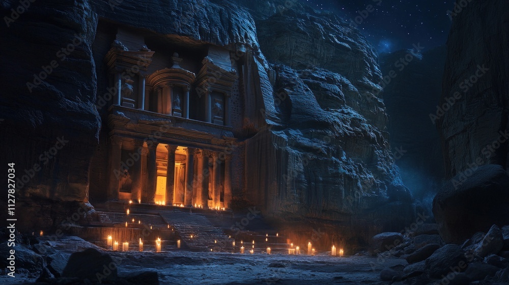 Nighttime Petra, candles illuminate ancient temple. Nighttime Petra, candles illuminate ancient temple.