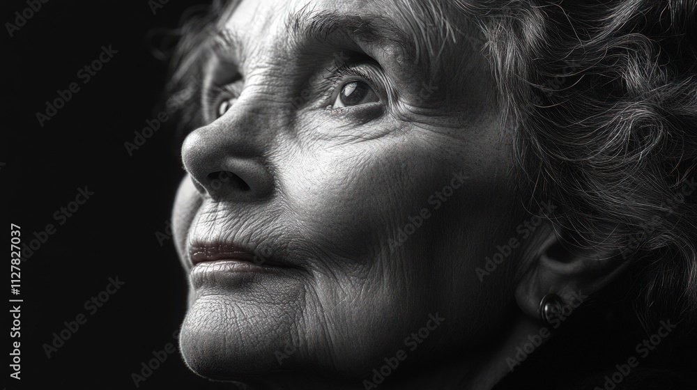 Close-up, elderly woman, looking upward, black and white. Close-up, elderly woman, looking upward, black and white.
