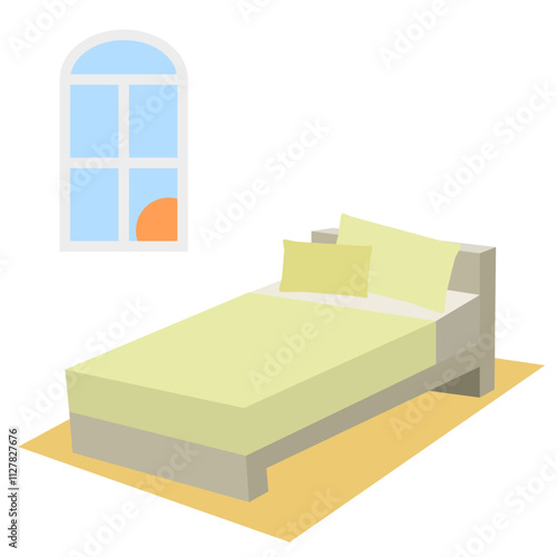 シンプルなベッドと窓の朝の部屋のイラスト素材セット