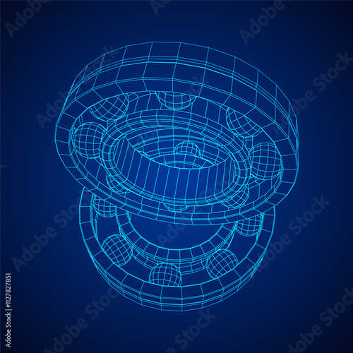 Roller bearing. Circular round rotating bearings used in industry for heavy equipment mechanical work and engineering. Wireframe low poly mesh vector illustration.