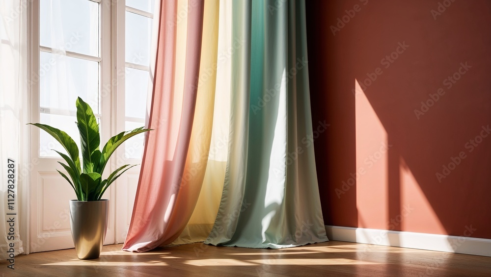 A pastel-colored curtain gently draping over a window, its soft hues contrasting elegantly with the bold color of the wall paint A pastel-colored curtain gently draping over a window, its soft hues contrasting elegantly with the bold color of the wall paint
