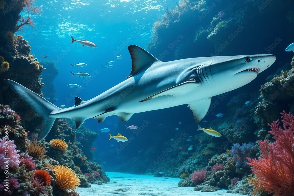 Fototapeta premium Grey Reef Shark Swims Through Vibrant Coral Reef