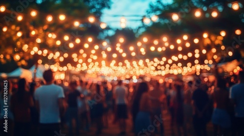 Outdoor Festival Background with Blurred People String Lights Bokeh Summer Celebration Night Event