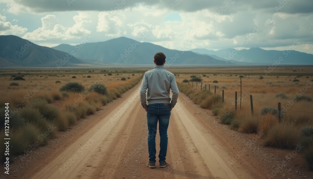 Man stands on dirt road. Vast landscape stretches out. Mountains in background. He looks ahead. Making choices. Uncertain future. Life path. Decision making. Concept for personal growth. Man stands on dirt road. Vast landscape stretches out. Mountains in background. He looks ahead. Making choices. Uncertain future. Life path. Decision making. Concept for personal growth.