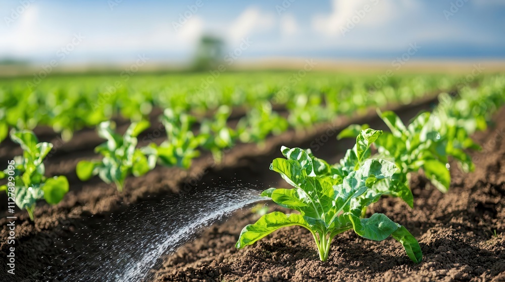 A vibrant field of crops under bright sunlight, driven by energy to release water into the air A vibrant field of crops under bright sunlight, driven by energy to release water into the air