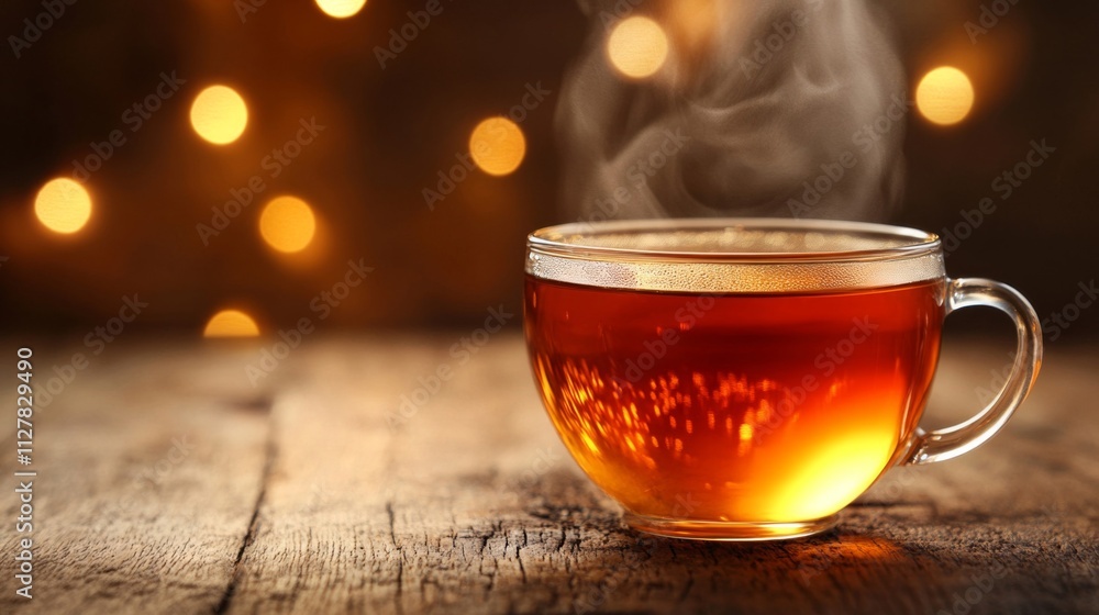 A steaming cup of tea on wooden table A steaming cup of tea on wooden table