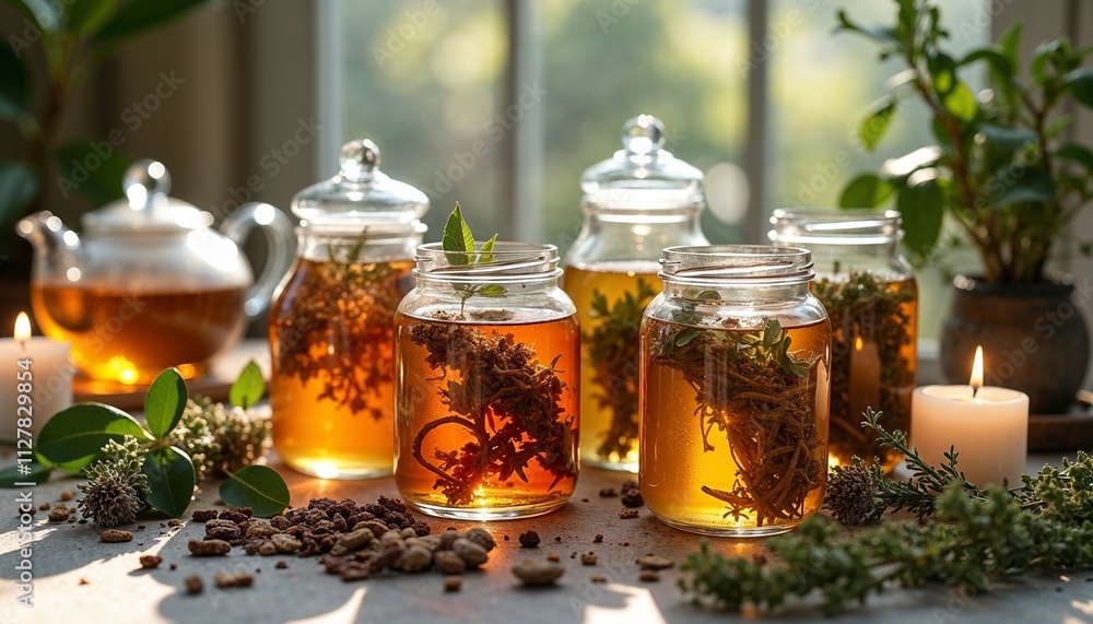 Glass jars of herbal tea with natural sunlight and candles Glass jars of herbal tea with natural sunlight and candles