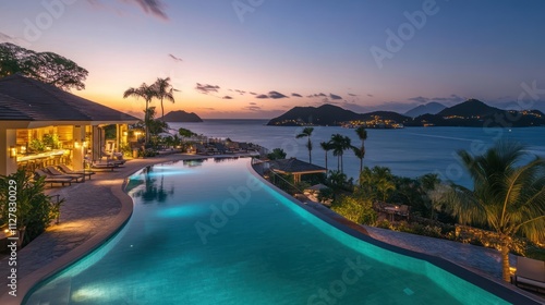 A boutique resort countdown by the infinity pool, soft lighting, chic decor, and panoramic sunset views