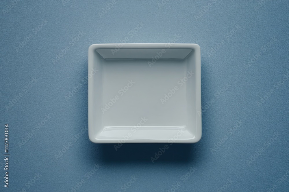 Empty White Square Dish on Blue Background Empty White Square Dish on Blue Background