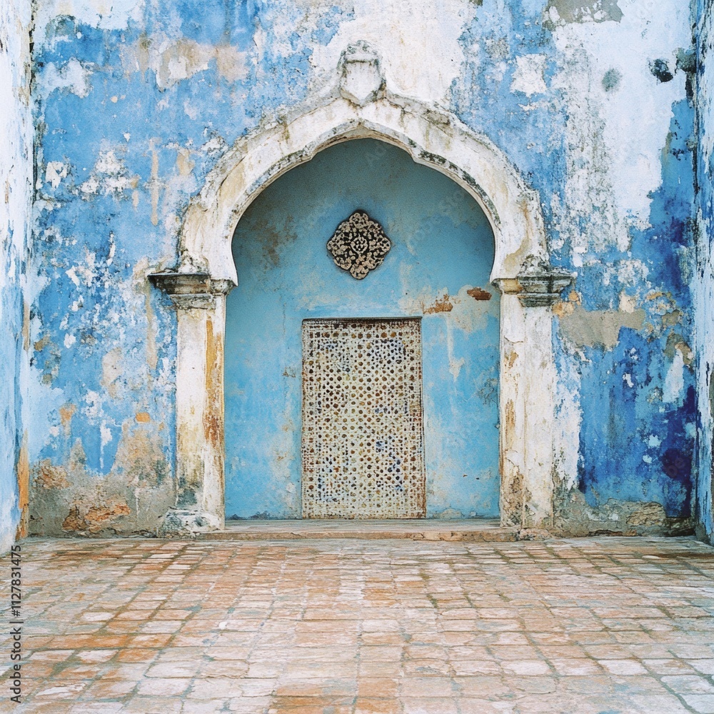 Naklejka premium Ancient Blue Wall with Ornate Archway and Door