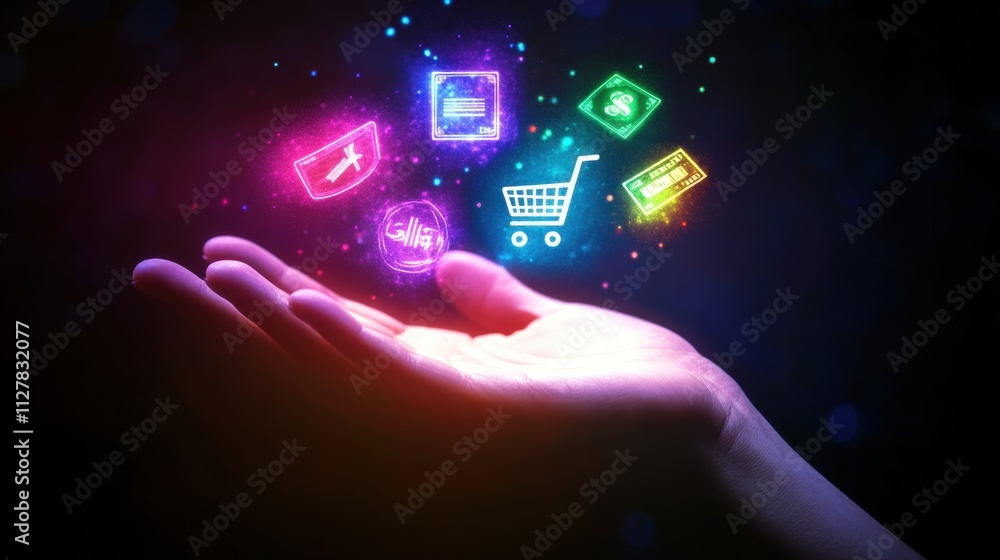 Fototapeta premium Glowing shopping cart hologram digital sale promotion poster design for holiday shopping season.