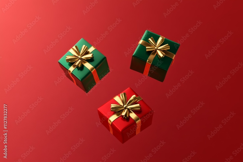 Floating Christmas Presents - Red and Green Gift Boxes with Gold Bows Floating Christmas Presents - Red and Green Gift Boxes with Gold Bows
