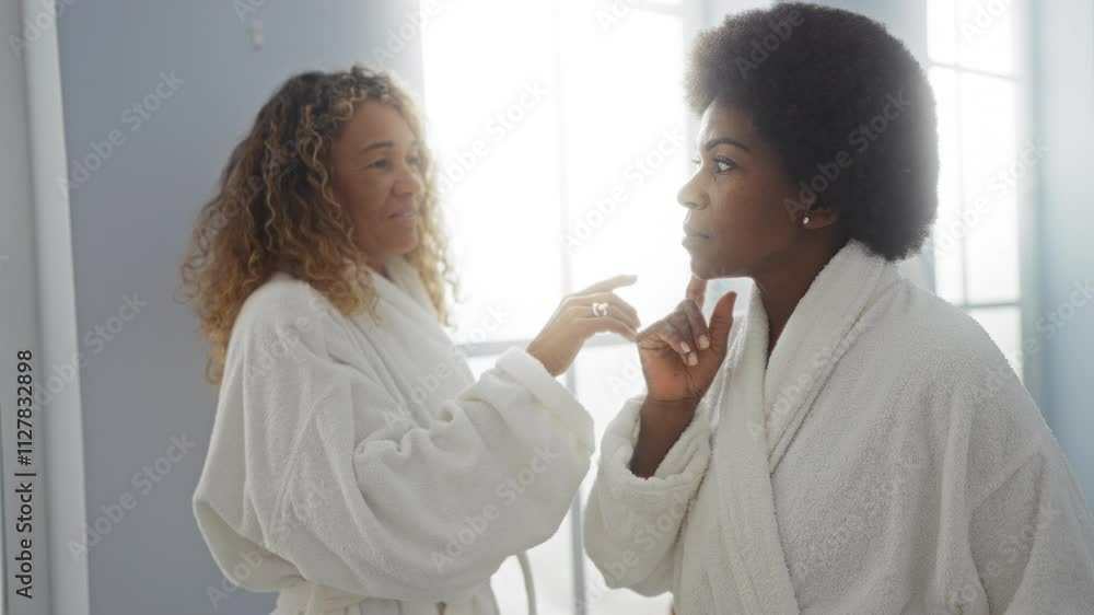 Women wearing white bathrobes talking in a spa wellness center with natural light from windows Women wearing white bathrobes talking in a spa wellness center with natural light from windows