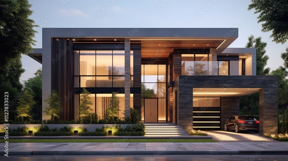 Modern luxury home exterior at dusk. (9) Modern luxury home exterior at dusk. (9)