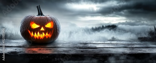 Spooky Halloween Pumpkin Jack-O'-Lantern with Evil Glow on Wooden Plank in Misty Coastal Night Landscape photo