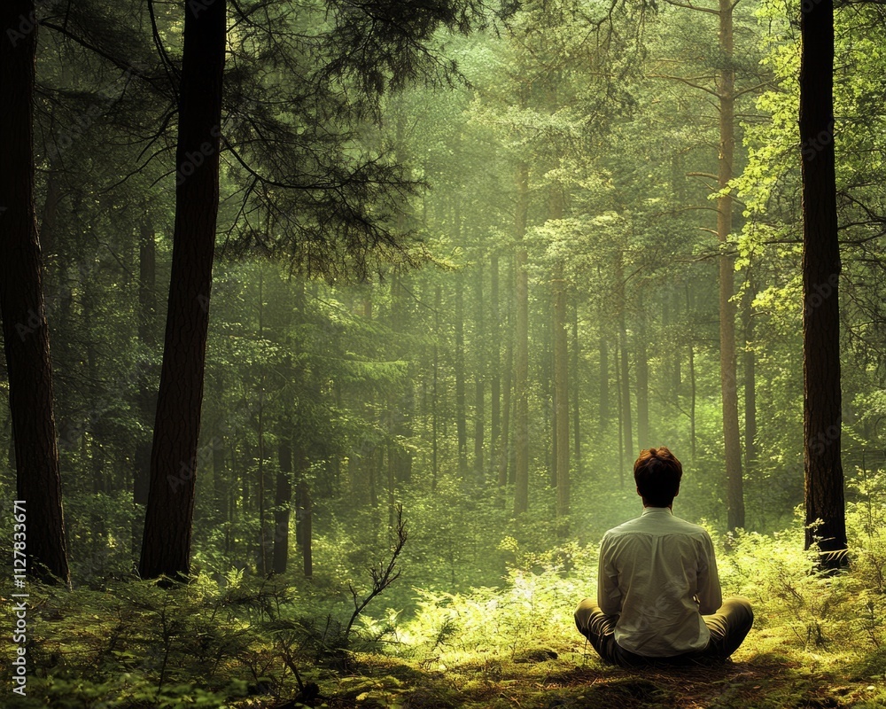 Man Meditating in Serene Forest Man Meditating in Serene Forest