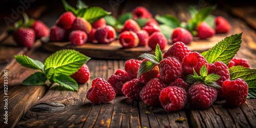 Night Photography of Fresh Sweet Raspberries on a Rustic Wooden Table with Soft Lighting Capturing Their Juicy Texture and Vibrant Red Color for Culinary and Food Photography