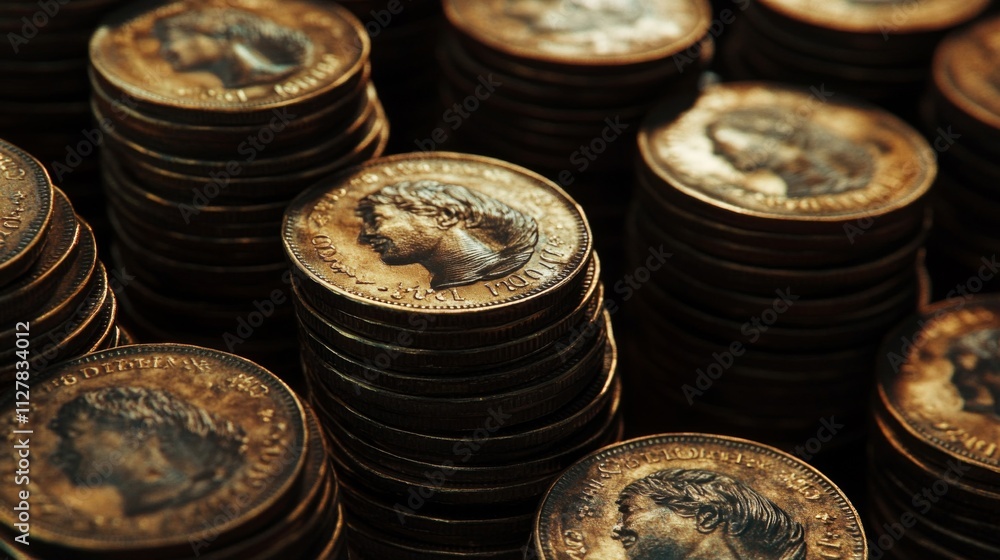 Stacks of Old British Copper Coins in Close Up Stacks of Old British Copper Coins in Close Up
