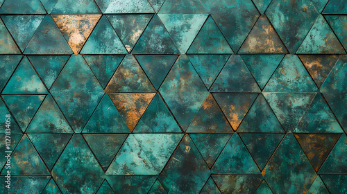 Seamless triangle mosaic copper texture with verdigris patina. Verdigris. Illustration