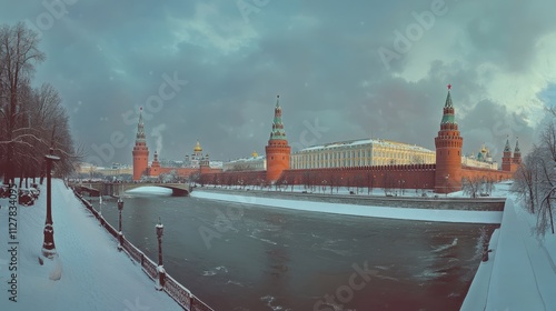 Snowy Moscow Kremlin, winter river scene.