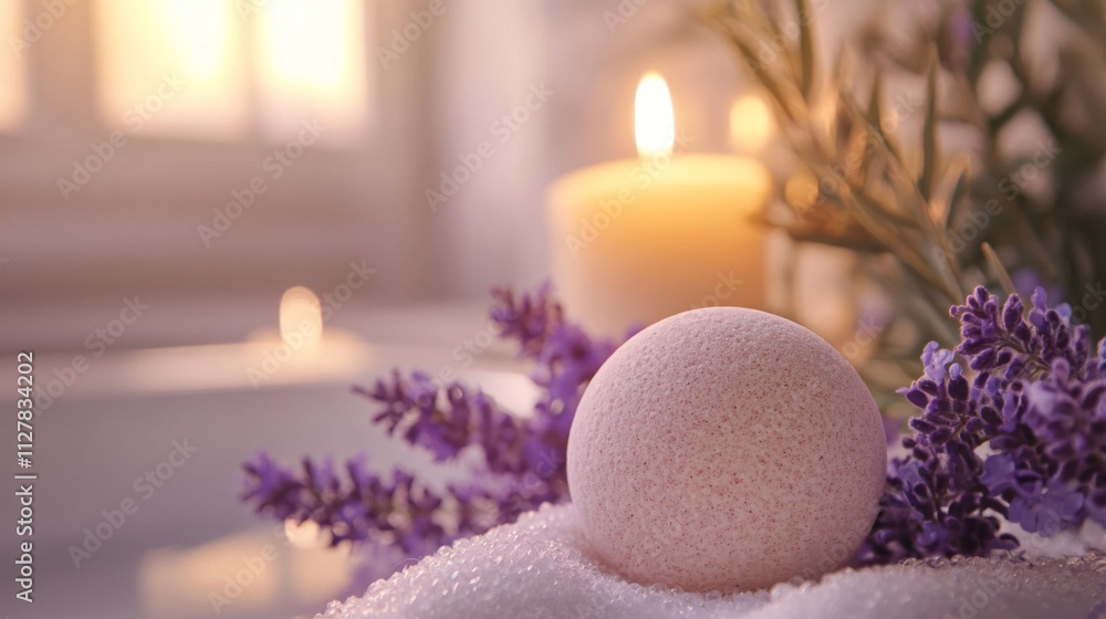 Lavender Scented Bath Bomb With Candles And Flowers Lavender Scented Bath Bomb With Candles And Flowers