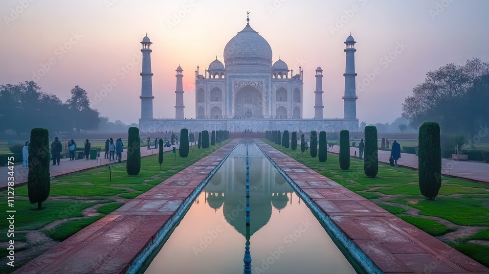 Obraz premium Taj Mahal sunrise reflection, serene beauty.