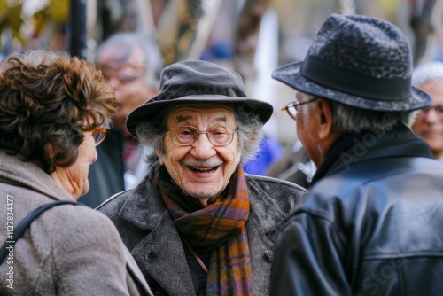 An old man with glasses and a hat in the street.