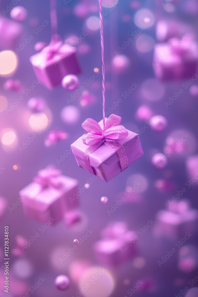 Purple Gift Boxes Falling Through Bokeh Lights Purple Gift Boxes Falling Through Bokeh Lights