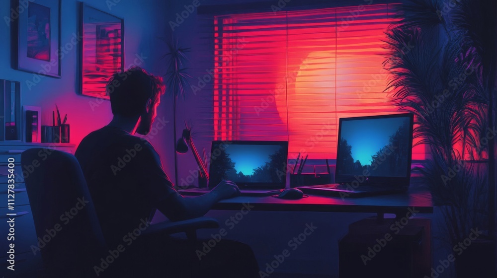 Man Works at Home Office Sunset View Man Works at Home Office Sunset View