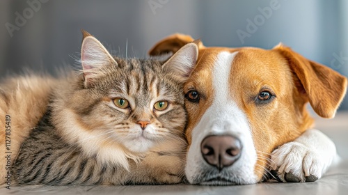 The heartwarming photograph depicts a fluffy cat and a gentle dog snuggled up together, demonstrating a beautiful display of peaceful coexistence and unity among different species.
