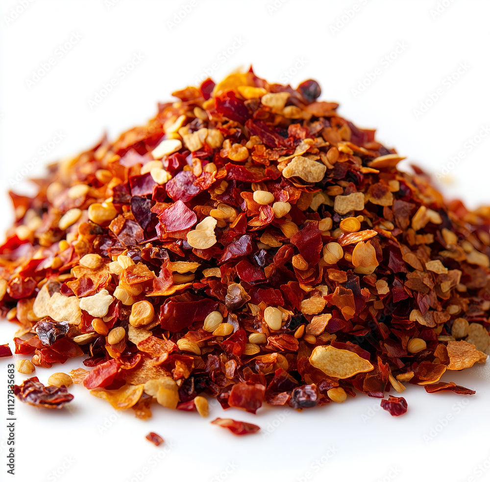 pile of chili flakes on a white background pile of chili flakes on a white background