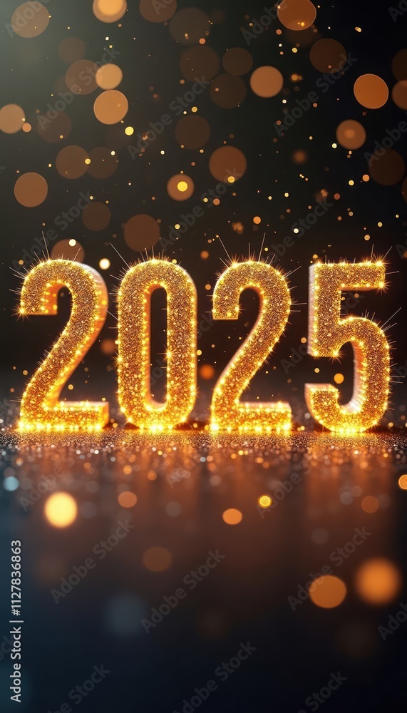 Glittering golden numbers 2025 evoke upcoming new year. Sparkling digits shine on dark background. Festive lights twinkle around. Year 2025 celebration theme. Future vision idea. Techy design. Glittering golden numbers 2025 evoke upcoming new year. Sparkling digits shine on dark background. Festive lights twinkle around. Year 2025 celebration theme. Future vision idea. Techy design.