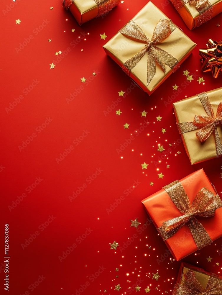 Gold and Red Christmas Gifts on Red Background Gold and Red Christmas Gifts on Red Background