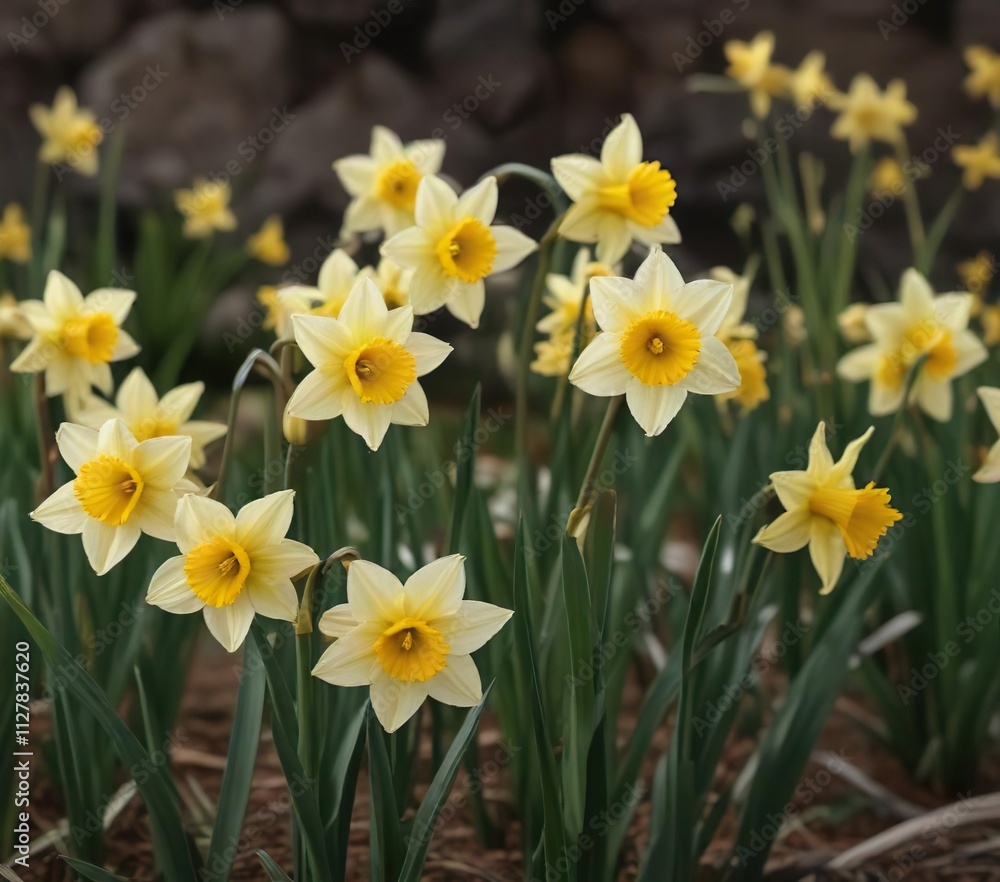 Dainty daffodil stems swaying gently in the breeze, , garden scenery Dainty daffodil stems swaying gently in the breeze, , garden scenery