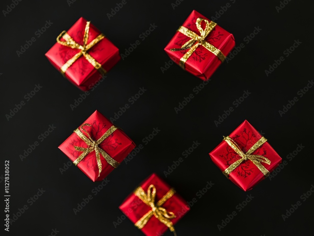 Red Gift Boxes with Gold Ribbons on Black Background Red Gift Boxes with Gold Ribbons on Black Background
