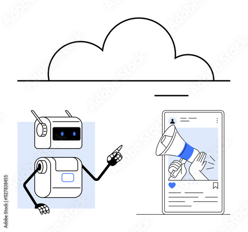Robot pointing towards a smartphone with megaphone notification. Ideal for AI technology, digital marketing, online promotion, social media strategy, automation, cloud computing, communication. Line