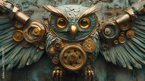 Intricately crafted mechanical owl with exposed gears, cogs, and brass accents, adorned with subtle verdigris patina, evoking a sense of industrial-era mysticism and wonder. Verdigris. Illustration photo