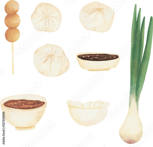 Hand drawn watercolor set of isolated Dim Sum dumplings  with the chopsticks and the sauces, dumplings, hand drawn of dumplings, Vector illustrations of asian chinese dishes
