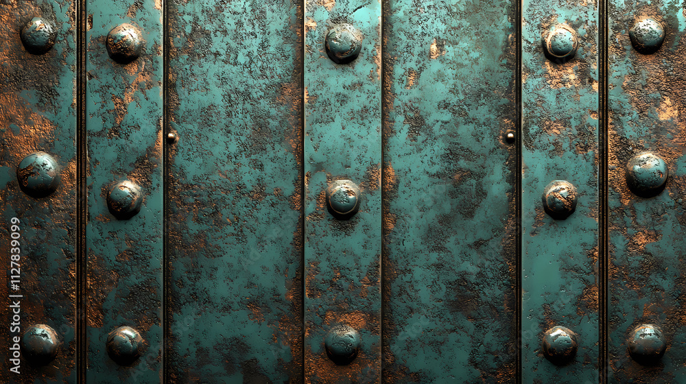 Metallic background with a distressed copper texture, featuring natural verdigris patina, evoking an antique, rustic aesthetic, ideal for historical or steampunk designs. Verdigris. Illustration Metallic background with a distressed copper texture, featuring natural verdigris patina, evoking an antique, rustic aesthetic, ideal for historical or steampunk designs. Verdigris. Illustration