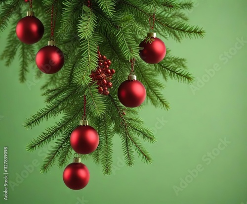 Elegant Christmas tree branch with vibrant red ornaments against a bright green background, holly leaves, christmas decorations