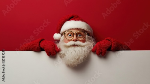 Cute Santa peeping behind a board. Christmas holiday greeting card design background template.