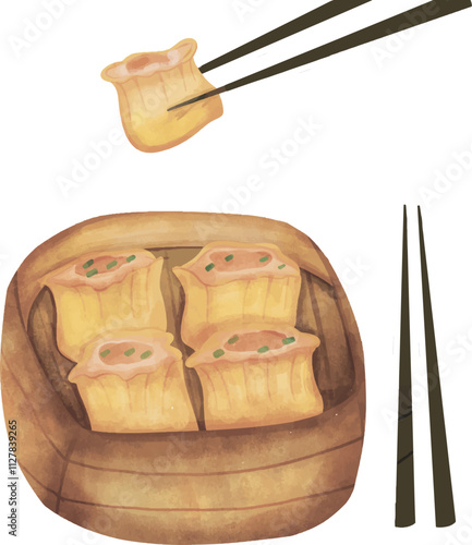 Hand drawn watercolor set of isolated Dim Sum dumplings in bamboo steamer baskets with the chopsticks and the sauces, dumplings, hand drawn of dumplings, Vector illustrations of asian chinese dishes