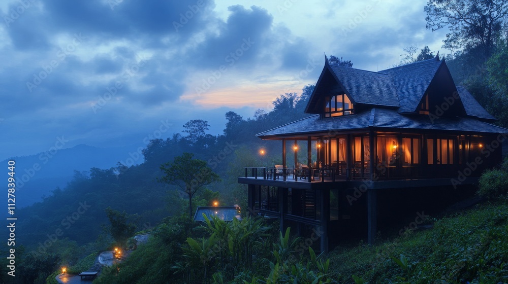 Fototapeta premium Serene Mountain Retreat at Twilight