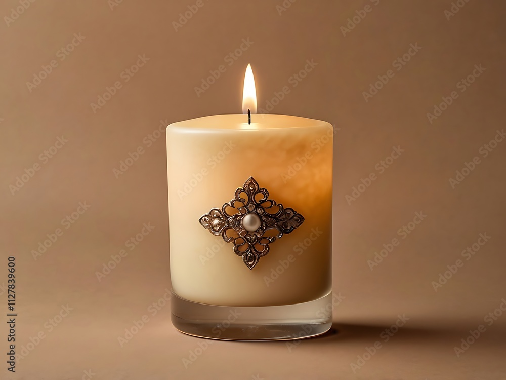 A lit candle adorned with an elegant jeweled design A lit candle adorned with an elegant jeweled design