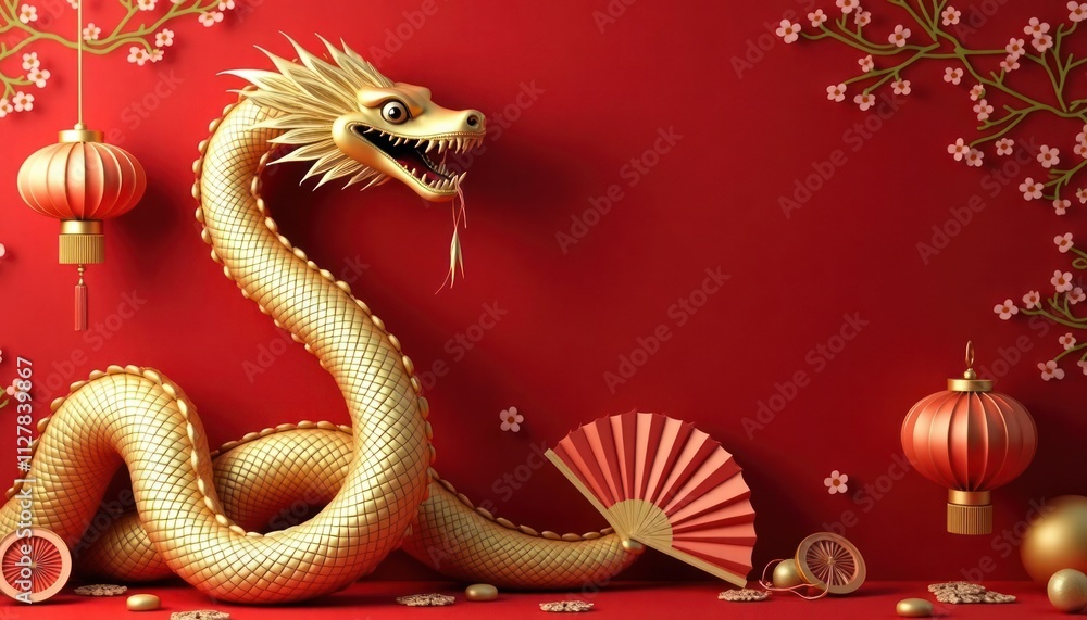 Obraz premium Golden dragon wrapped around traditional Chinese New Year symbols. Red background with lanterns, fans. Image ideal for welcoming New Year. Vibrant design suitable for Chinese new year celebrations