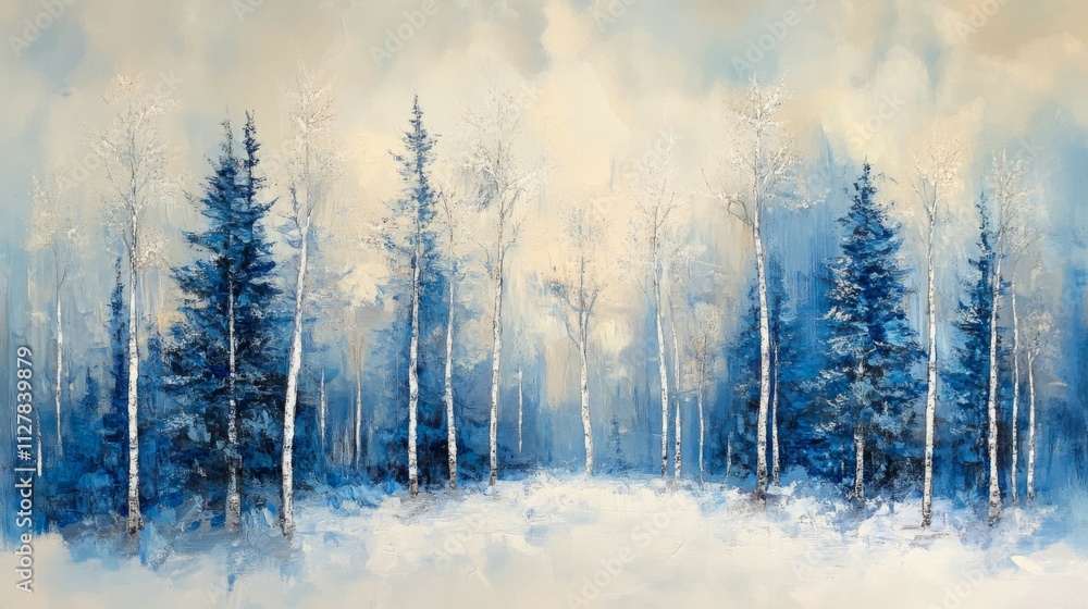 Serene Winter Forest Landscape With Blue Trees And White Birch Serene Winter Forest Landscape With Blue Trees And White Birch