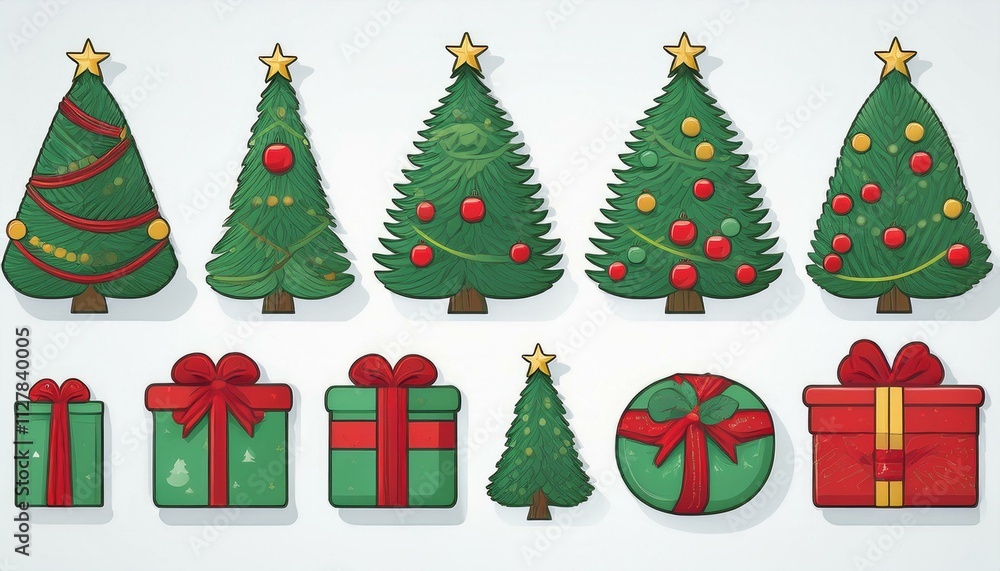 Naklejka premium Christmas flat tree, gift box, hat, ball, wreath element set on isolated white background