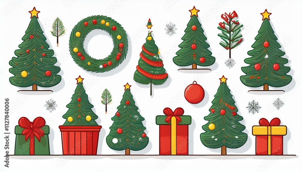 Naklejka premium Christmas flat tree, gift box, hat, ball, wreath element set on isolated white background